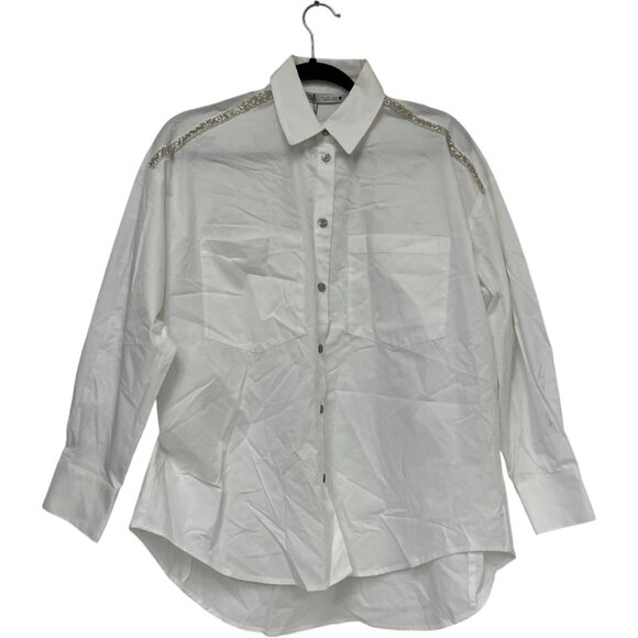Zara Womens Shirt Blouse S Small White Button Up Beaded Poplin 8527/909 NWT - Picture 2 of 16